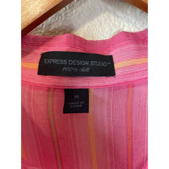Express Design Studio 100% Silk Y2K Style Striped Button Up Pink Blouse Medium - Picture 4 of 11